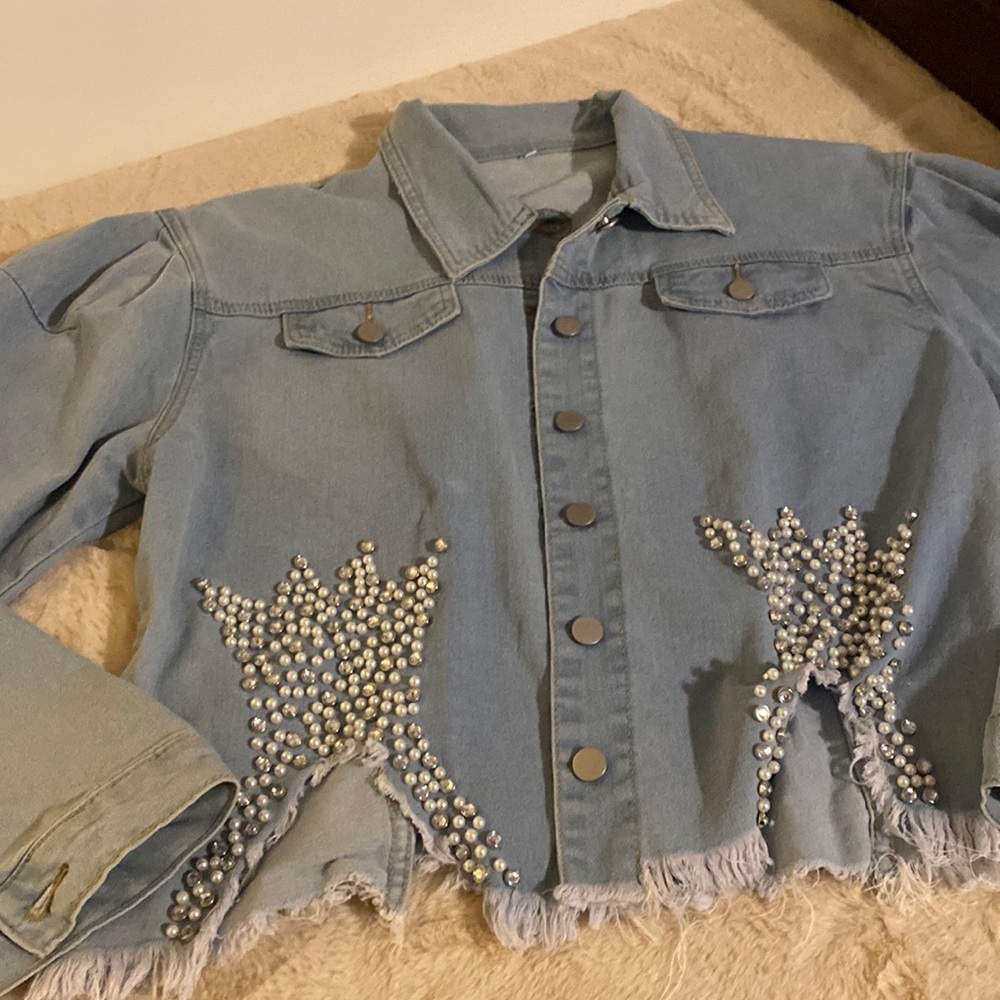XL Denim button down distressed jacket with pearl and diamond studs